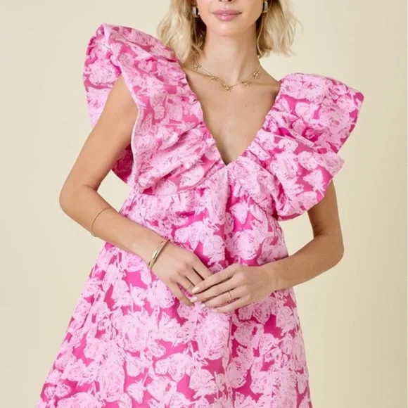 Pink Floral Ruffle V-Neck Mini Dress - Picture 5 of 7
